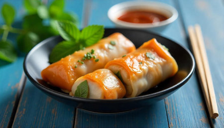 Steamed Dumplings with Dipping Sauce on Wooden Background