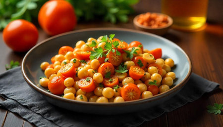 Cherry tomato and chickpea salad in ceramic bowl presentationの写真素材