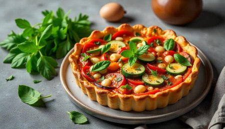 Vegetable tart with tomatoes zucchini and basil leaves