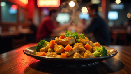 Steaming hot chicken stir-fry with vegetables in restaurant setting