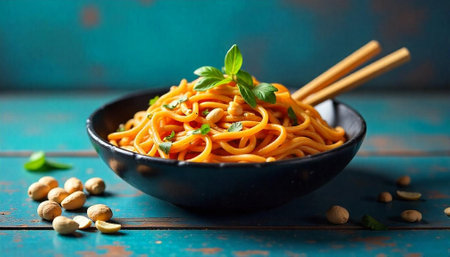 Bowl of orange noodles with peanuts and green garnish