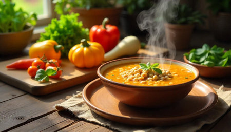 Rustic vegetable soup with beans in earth tone bowlの写真素材