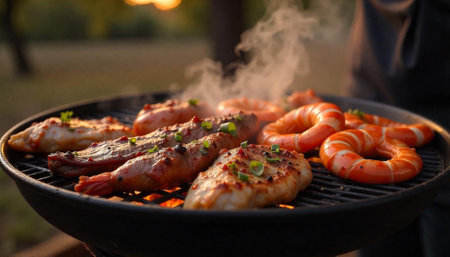 Delicious grilled seafood and chicken on a charcoal barbecue