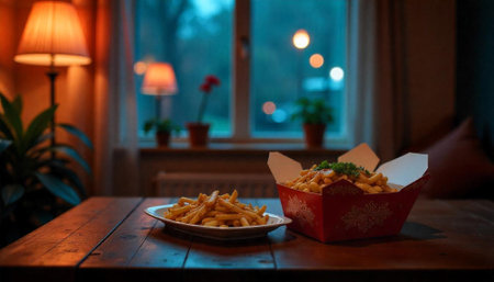 Cozy evening french fries still life arrangement indoorsの写真素材