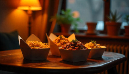 Variety of takeout noodle dishes on rustic wooden tableの写真素材