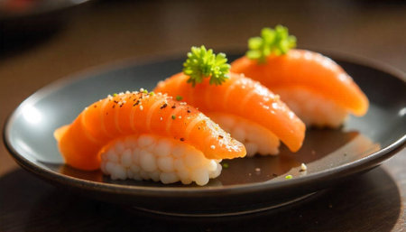Fresh salmon sushi nigiri pieces on a black plateの写真素材