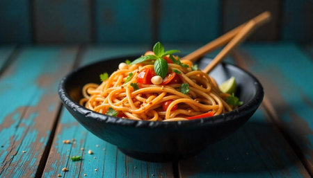 Delicious Asian noodle dish served in a black bowl