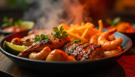 Grilled chicken and shrimp platter with fries and limeの写真素材