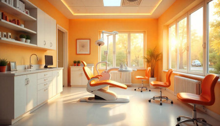 Bright dental office interior with equipment and natural lightの写真素材