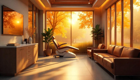 Stylish waiting room with autumn view at sunset hourの写真素材