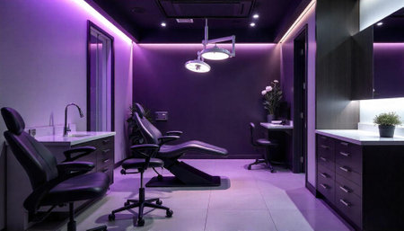 Modern dental office bathed in purple lighting ambiance