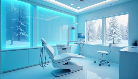 Minimalist dentist office with snow view and ambient lightingの写真素材