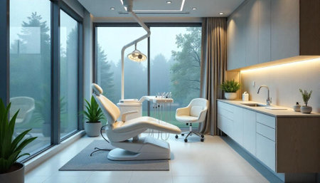 Modern dental clinic interior with natural light and viewsの写真素材