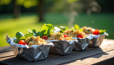 Pearl couscous salad bowls on a wooden picnic tableの写真素材