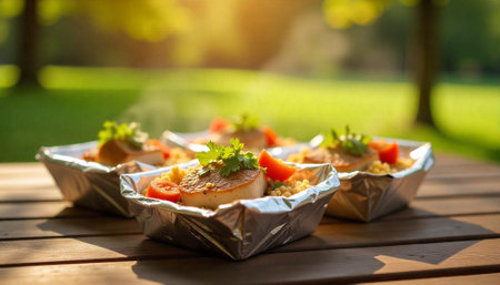 Grilled sea scallops with couscous salad in foil containerの写真素材