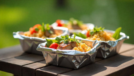 Meal prep containers with couscous, meat and vegetables outsideの写真素材