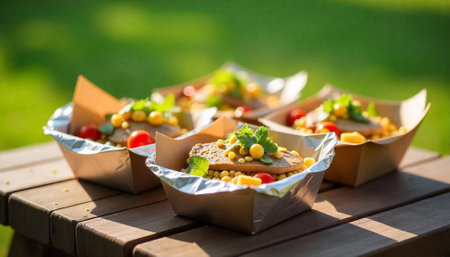 Outdoor picnic with healthy food on wooden table