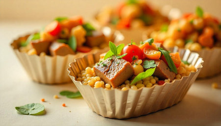 Couscous Salad Cups with Vegetables and Seitan Cubesの写真素材