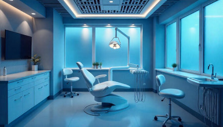 Modern dental clinic interior, blue color scheme, empty patient chair