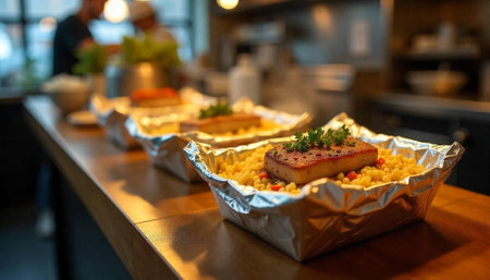 Prepared food in aluminum trays on a wooden surface