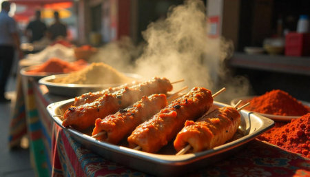 Delicious chicken skewers with spices and flavorful seasoning displayの写真素材
