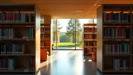Bright library interior with natural light and booksの写真素材
