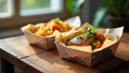 Gourmet salmon and corn takeaway meal on a wooden table