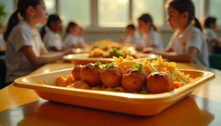 School Lunch Tray with Meatballs and French Friesの写真素材