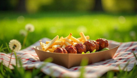 Meatballs and fries on a picnic blanket outdoorsの写真素材