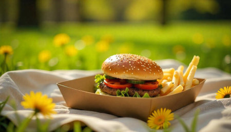 Burger and fries on picnic blanket in grassy field