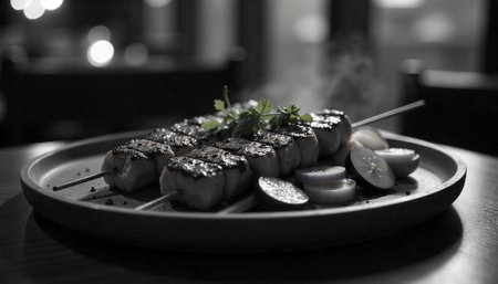 Grilled skewers with onion and lemon slices monochrome photographyの写真素材