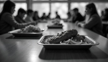 School lunch tray with children sitting at tables blackの写真素材