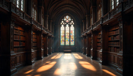 Grand library interior with stained glass and hardwood floorsの写真素材