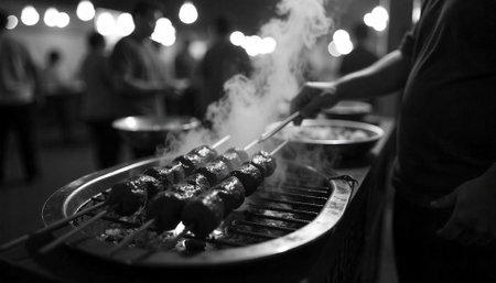 Smoke rises over savory grilled meat skewers at outdoor market