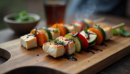 Grilled vegetable and halloumi skewers on a wood boardの写真素材