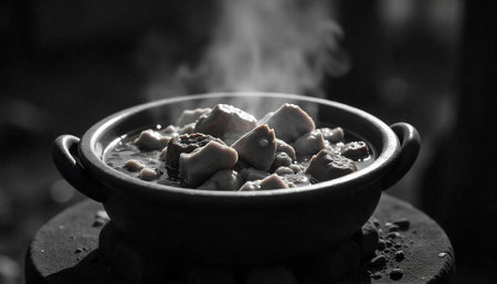 Steaming bowl of stew with meat in dark settingの写真素材
