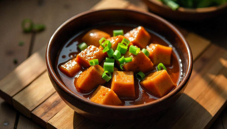 Roasted butternut squash in brown sauce served in bowlの写真素材