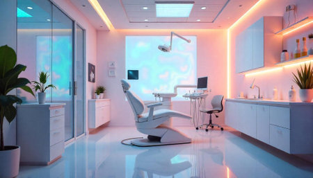 Modern dentist office interior with professional equipment and lightingの写真素材