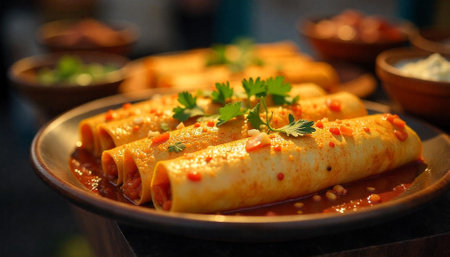 Close-up of appetizing enchiladas plate with salsa and parsleyの写真素材