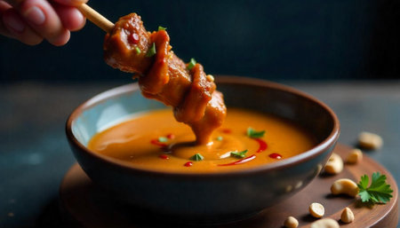 Chicken satay dipping in peanut sauce, dark backgroundの写真素材