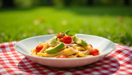 Fresh pasta salad with tomatoes and avocado on picnicの写真素材