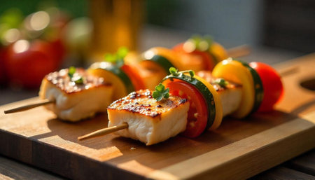 Grilled halloumi and vegetable skewers on wooden cutting boardの写真素材
