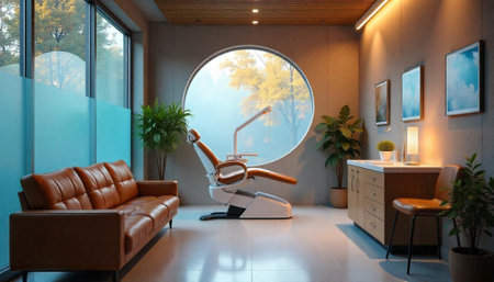 Modern dental clinic with waiting area and nature viewの写真素材