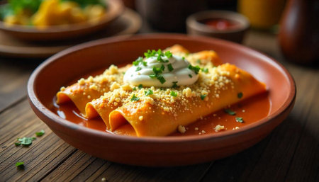 Authentic enchiladas plate with toppings on a wooden tableの写真素材