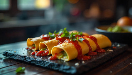 Delicious enchiladas topped with fresh parsley on slate platter