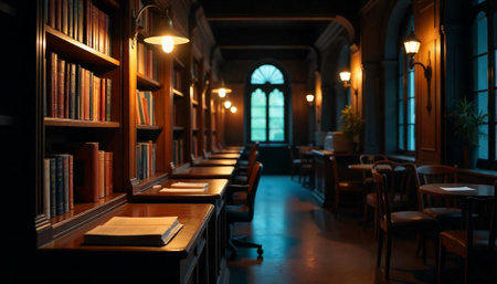 Classic library interior with books desks and glowing lampsの写真素材