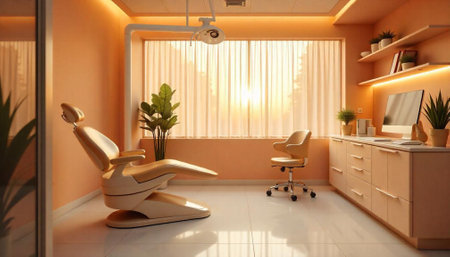 Clean and modern dental clinic interior in peach tonesの写真素材