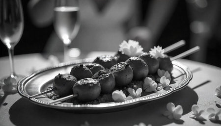 Elegant appetizer presentation with fruit skewers and floral accentsの写真素材