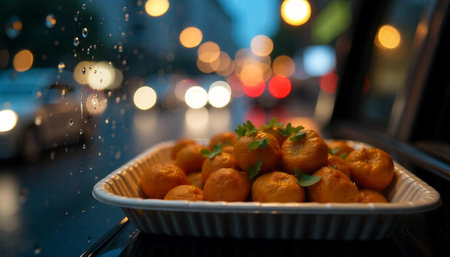 Mandarins on tray with parsley and rain bokeh background