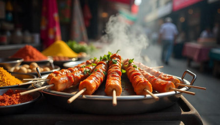 Street food skewers and colorful spices attract passersbyの写真素材